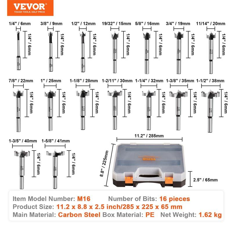 VEVOR Forstner Drill Bit Set for Woodworking 16 Pcs, 1/4" to 1-5/8", Carbon Steel, with Universal round Shank, Forstner Drill Bit for Wood and Composite Board