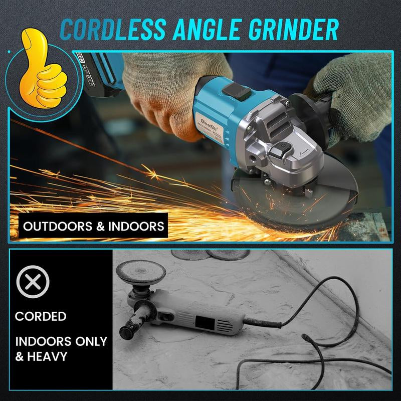 SEESII Cordless Angle Grinder Kit with 2X4.0Ah Batteries, 10000RPM Brushless Electric Metal Grinder W/ 4-1/2" Cutting Wheel, Flap Wheel, and Wool Carving Wheel for Precision Cutting & Grinding