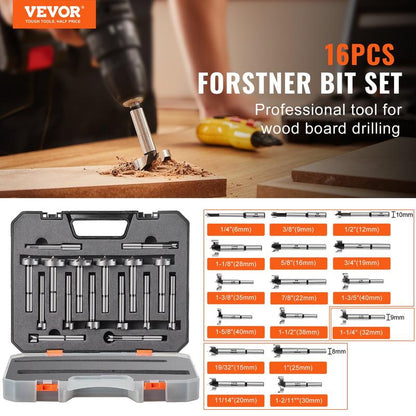 VEVOR Forstner Drill Bit Set for Woodworking 16 Pcs, 1/4" to 1-5/8", Carbon Steel, with Universal round Shank, Forstner Drill Bit for Wood and Composite Board