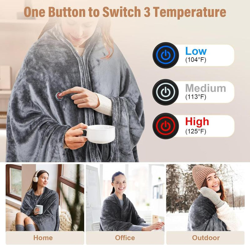 Wearable Electric Heating Blanket Shawl with 5000mAh Rechargeable Battery, 3-Temperature Settings, and USB Power - Portable Flannel Throw for Home, Office, Camping, and Travel, Ideal Fall/Winter Gift