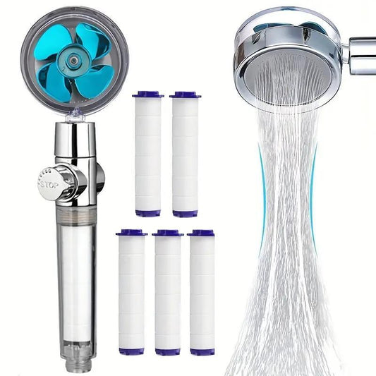 Revolutionary High-Pressure Turbo Fan Shower Head with 5 Replacement Filters - 360° Rotating Handheld Shower Accessory for Home & Hotel, Perfect for Modern Bathrooms!