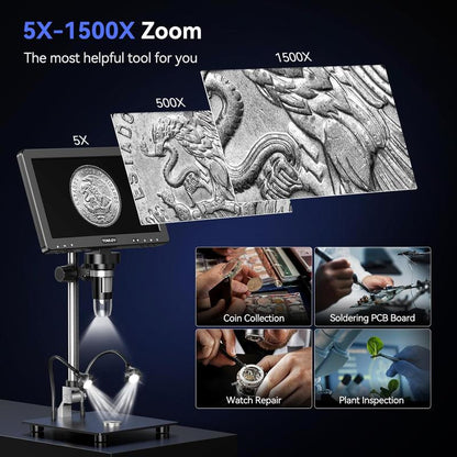 TOMLOV DM9 Max 10.1" HD HDMI Digital Microscope 1500X, 20MP Coin Scope Microscope Magnifier for Error Coins with 10.1 Inches Big IPS Screen, LCD Soldering Microscope for Adults, 10 LED Lights, PC/TV Compatible, 64GB Card