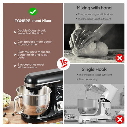 Stand Mixer Fohere, with Double Dough Hook, Wire Whip & Beater, 6+ P Speed Tilt-Head Food Mixer, Pouring Shield for Home Cooking, Dishwasher Safe Stainless Steel Bowl with Handle