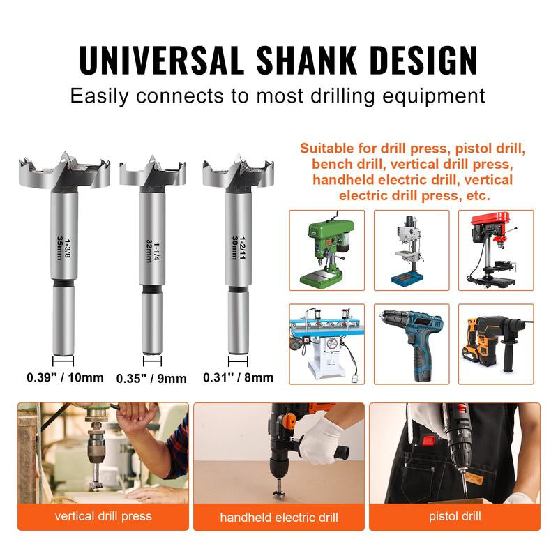 VEVOR Forstner Drill Bit Set for Woodworking 16 Pcs, 1/4" to 1-5/8", Carbon Steel, with Universal round Shank, Forstner Drill Bit for Wood and Composite Board