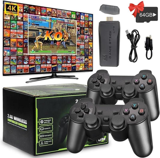 【Value for Money Bundle】M8 Wireless Retro Game Console, HD Classic Games Stick Built in 10 Emulators with 20000+ Games and Dual 2.4G Wireless Controllers, 4K HDMI Output Video Games for TV Handheld Adapter