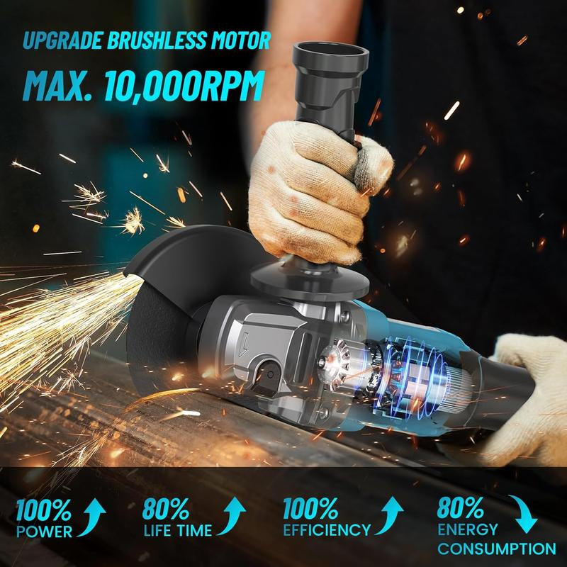 SEESII Cordless Angle Grinder Kit with 2X4.0Ah Batteries, 10000RPM Brushless Electric Metal Grinder W/ 4-1/2" Cutting Wheel, Flap Wheel, and Wool Carving Wheel for Precision Cutting & Grinding