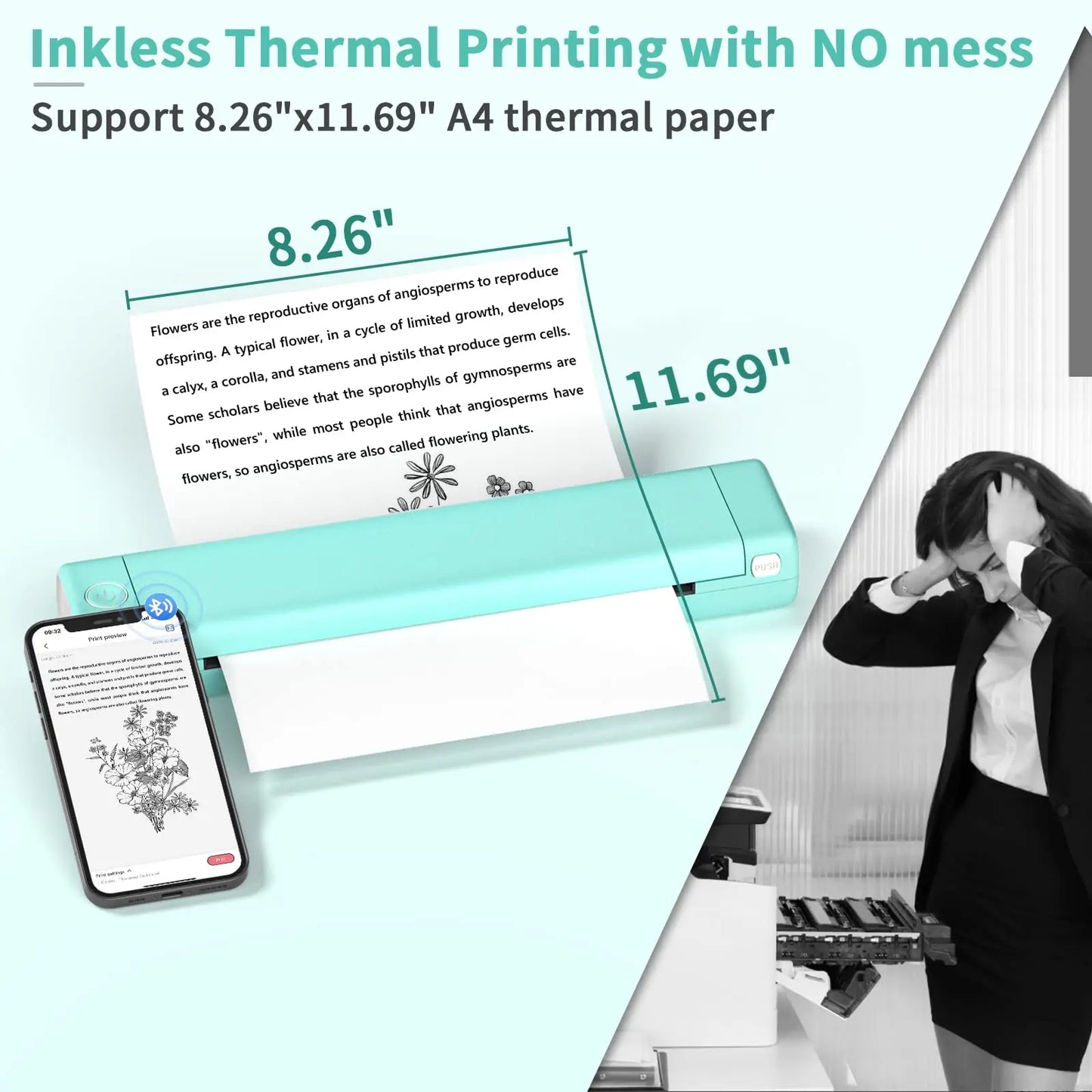 M08F Portable Wireless Printer Bluetooth Phone Printer for Home Use A4 Mobile Printer for Laptops Inkless Travel Thermal Printer