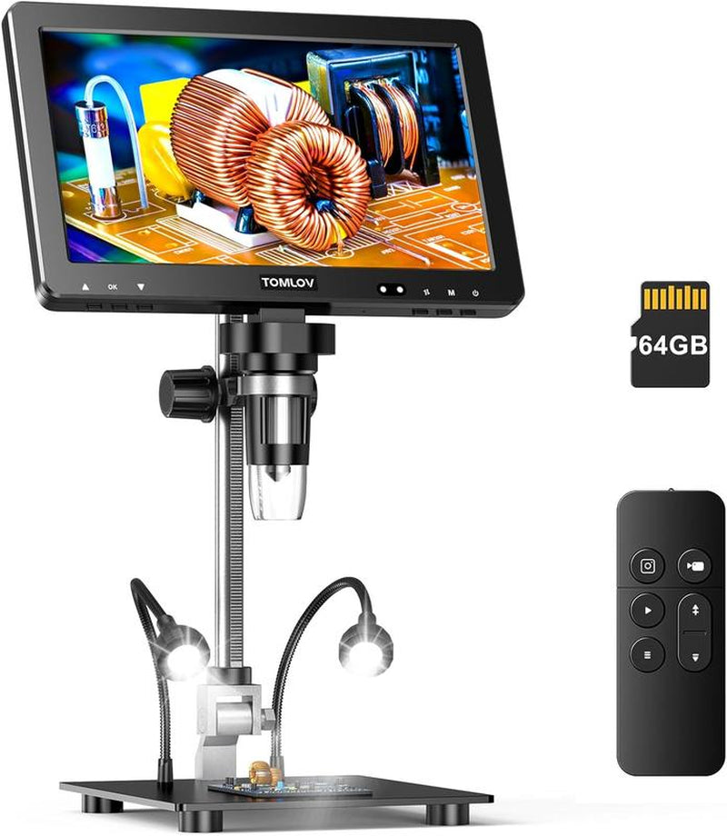 TOMLOV DM9 Max 10.1" HD HDMI Digital Microscope 1500X, 20MP Coin Scope Microscope Magnifier for Error Coins with 10.1 Inches Big IPS Screen, LCD Soldering Microscope for Adults, 10 LED Lights, PC/TV Compatible, 64GB Card