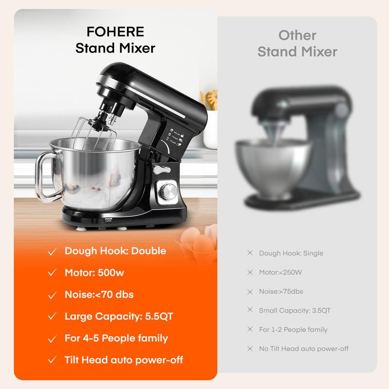 Stand Mixer Fohere, with Double Dough Hook, Wire Whip & Beater, 6+ P Speed Tilt-Head Food Mixer, Pouring Shield for Home Cooking, Dishwasher Safe Stainless Steel Bowl with Handle