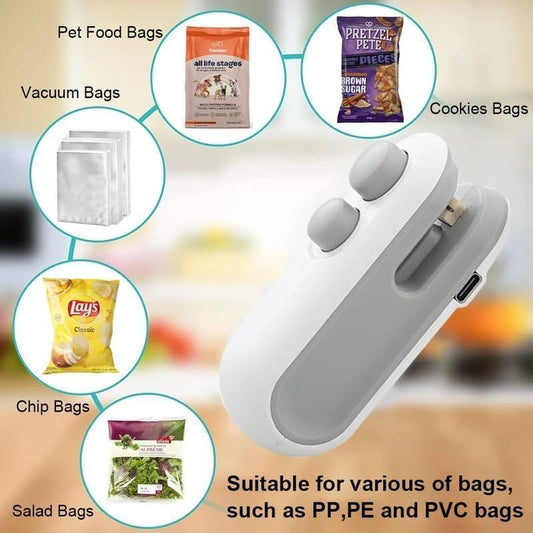 USB-C Rechargeable Mini Bag Sealer with Cutter & Magnet - 2 in 1 Heat Seal Resealer for Snack & Plastic Bags