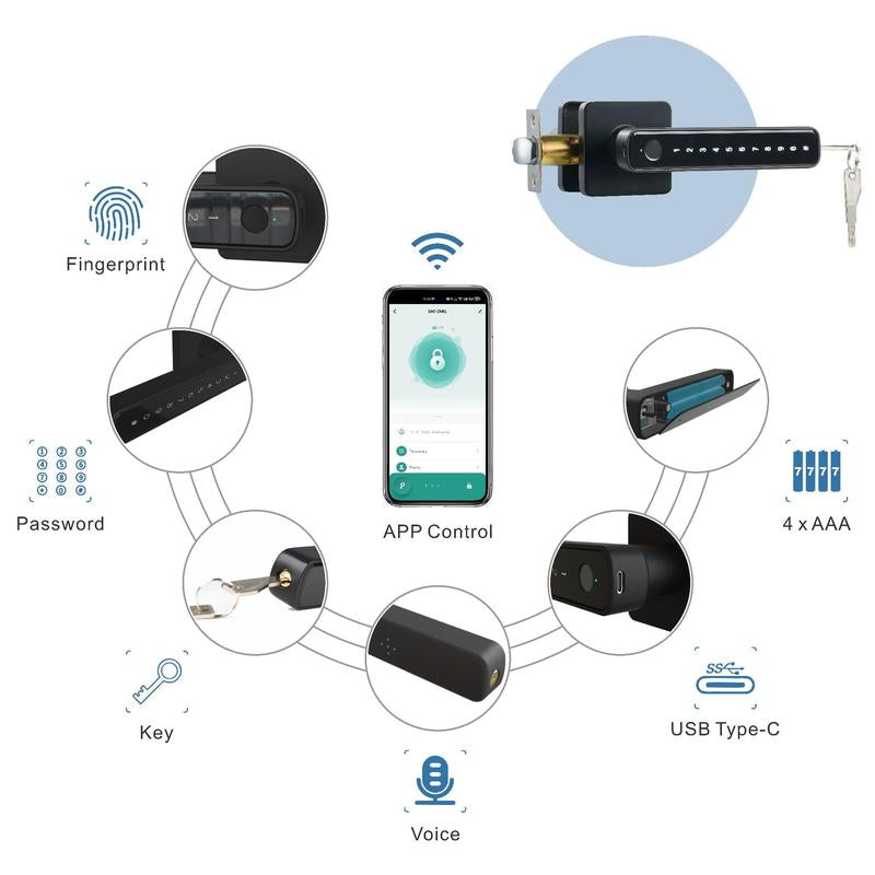 Smart Lock, Combination Lock, 1 Set 4 in 1 Function Keyless Entry Lock, Fingerprint / PIN Code / Mechanical Key / APP, Suitable for Apartment Home Office, Easy to Install, Household Supplies