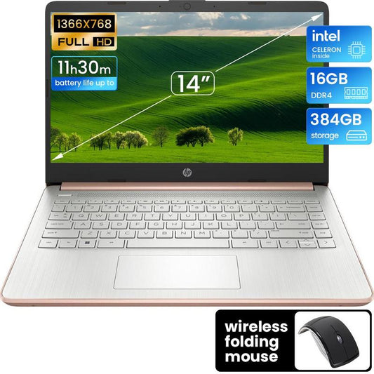 HP 14-Inch Laptop for Education and Professional Use, Intel Quad-Core Processor, Up to 16GB RAM, 384GB Storage, Extended Battery Life, UHD Graphics, Windows 11 S, Rose Gold, Included Folding Mouse Bundle