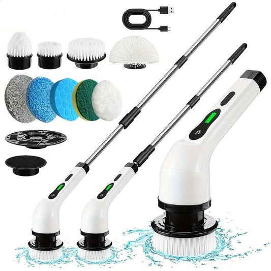 USB Rechargeable Electric Rotary Floor Scrubber Set with 9 Brush Heads and Adjustable Extension Handle