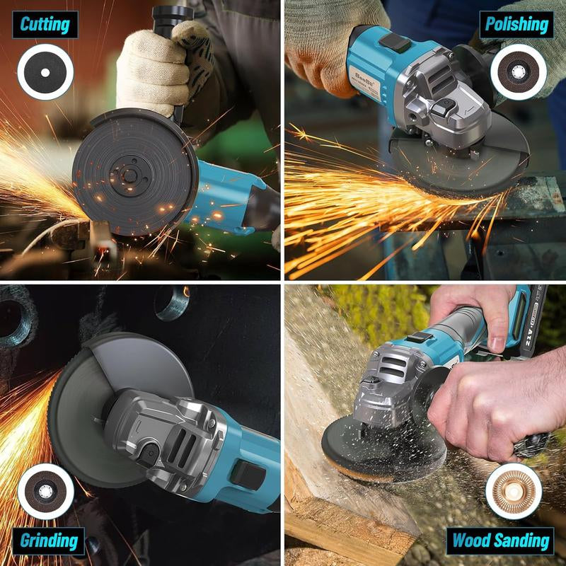 SEESII Cordless Angle Grinder Kit with 2X4.0Ah Batteries, 10000RPM Brushless Electric Metal Grinder W/ 4-1/2" Cutting Wheel, Flap Wheel, and Wool Carving Wheel for Precision Cutting & Grinding