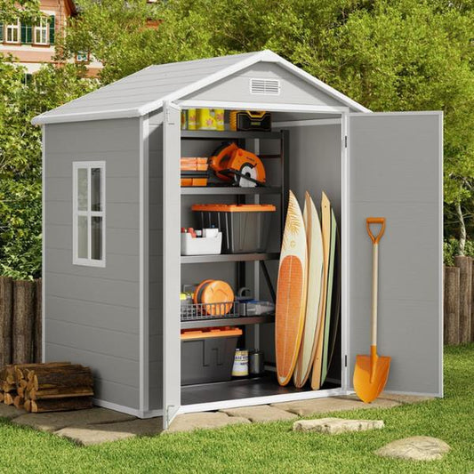 Resin Storage Shed Large 135.6 Cu Ft, Heavy Duty Floors, Colorfast, Double Lockable Doors for Garden and Backyard