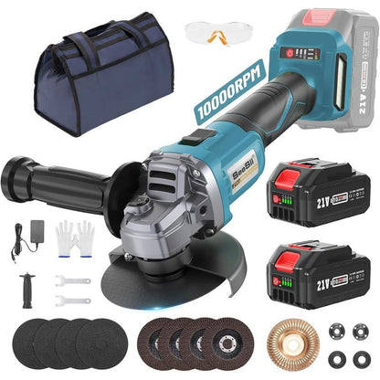 SEESII Cordless Angle Grinder Kit with 2X4.0Ah Batteries, 10000RPM Brushless Electric Metal Grinder W/ 4-1/2" Cutting Wheel, Flap Wheel, and Wool Carving Wheel for Precision Cutting & Grinding